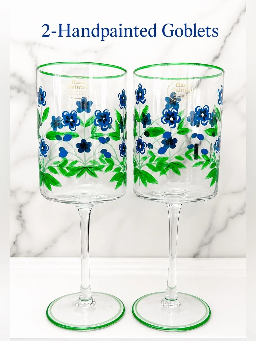 Handpainted Floral Goblets - Violets Blue & Green (Set of 2)